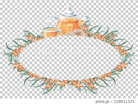 Oval frame with teapot and cup with sea buckthorn tea and ginger. Isolated watercolor illustration on the theme of warming drinks for the design of a seasonal menu, culinary blogs. 129011325