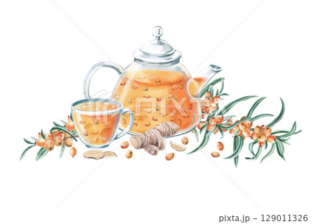 Composition with a teapot and a cup of sea buckthorn tea. Isolated watercolor illustration on the theme of warming drinks for the design of a seasonal menu, culinary blogs, printing on posters. 129011326