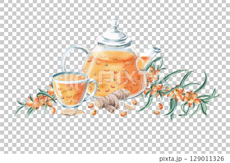 Composition with a teapot and a cup of sea buckthorn tea. Isolated watercolor illustration on the theme of warming drinks for the design of a seasonal menu, culinary blogs, printing on posters. 129011326