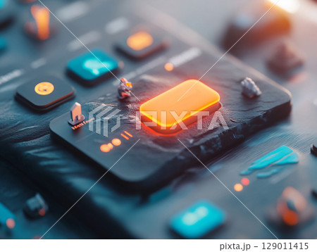 3D Digital concept. featuring a glowing button on a sleek travel app interface. AI Generated. 129011415