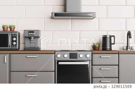 Kitchen counter top with microwave oven, coffee machine, electric kettle, range hood on beige tile wall. 3d render table with wood countertop, gray cabinets, plants, sink and faucet. 3D illustration Kitchen counter top with microwave oven, coffee machine, electric kettle, range hood on beige tile wall. 3d render table with wood countertop, gray cabinets, plants, sink and faucet. 3D illustration 129011509