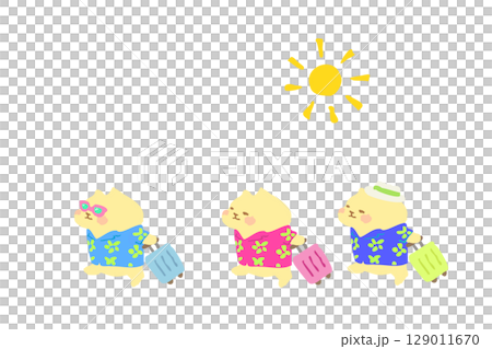 夏季度假之旅 — — 手繪插圖一隻戴著太陽和夏威夷襯衫的可愛貓咪 夏季度假之旅 — — 手繪插圖一隻戴著太陽和夏威夷襯衫的可愛貓咪 129011670