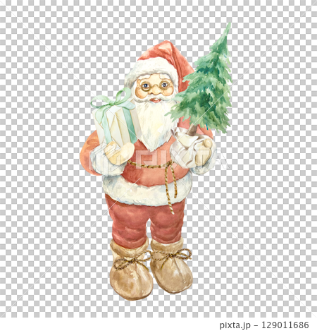 Santa Claus standing and holding Christmas tree in a pot and a box with a gift tied with a green ribbon watercolor isolated illustration. Hand drawn New Year clip art Santa Claus standing and holding Christmas tree in a pot and a box with a gift tied with a green ribbon watercolor isolated illustration. Hand drawn New Year clip art 129011686