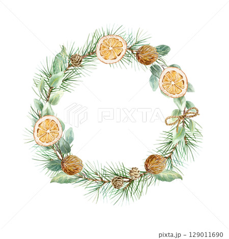 Christmas wreath with fir branches, eucalyptus, dried orange slices, pine cones and walnuts watercolor isolated illustration. Hand drawn pastel botanical New Year clip art in Scandinavian style. Christmas wreath with fir branches, eucalyptus, dried orange slices, pine cones and walnuts watercolor isolated illustration. Hand drawn pastel botanical New Year clip art in Scandinavian style. 129011690