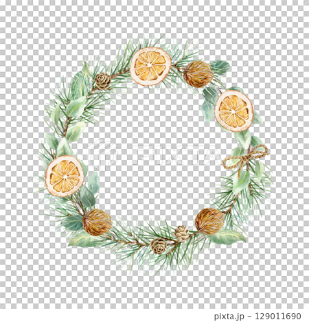 Christmas wreath with fir branches, eucalyptus, dried orange slices, pine cones and walnuts watercolor isolated illustration. Hand drawn pastel botanical New Year clip art in Scandinavian style. Christmas wreath with fir branches, eucalyptus, dried orange slices, pine cones and walnuts watercolor isolated illustration. Hand drawn pastel botanical New Year clip art in Scandinavian style. 129011690