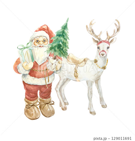 Santa Claus standing and holding a Christmas tree in a pot and a box with a gift and a white reindeer watercolor isolated illustration. Hand drawn New Year clip art in Scandinavian style. 129011691