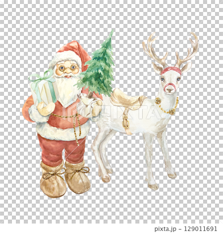 Santa Claus standing and holding a Christmas tree in a pot and a box with a gift and a white reindeer watercolor isolated illustration. Hand drawn New Year clip art in Scandinavian style. Santa Claus standing and holding a Christmas tree in a pot and a box with a gift and a white reindeer watercolor isolated illustration. Hand drawn New Year clip art in Scandinavian style. 129011691