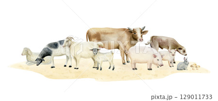Watercolor farm animals on sand ground isolated illustration in cute simple style. Cow with colt, sheep, goats, pigs, rabbit and baby chickens in pastel colors for horizontal village designs 129011733