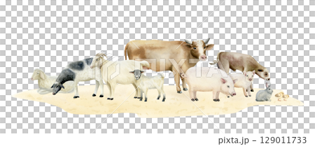Watercolor farm animals on sand ground isolated illustration in cute simple style. Cow with colt, sheep, goats, pigs, rabbit and baby chickens in pastel colors for horizontal village designs 129011733