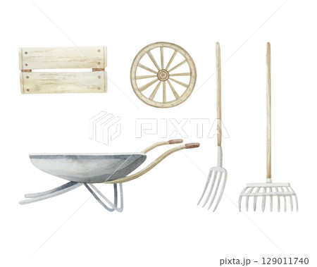 Watercolor gardening tools set isolated on white. Farm wheelbarrow, pitchfork, hay rakes, wooden wheel and crate box. Farming equipment clipart in pastel beige colors and simple style Watercolor gardening tools set isolated on white. Farm wheelbarrow, pitchfork, hay rakes, wooden wheel and crate box. Farming equipment clipart in pastel beige colors and simple style 129011740