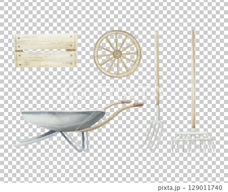 Watercolor gardening tools set isolated on white. Farm wheelbarrow, pitchfork, hay rakes, wooden wheel and crate box. Farming equipment clipart in pastel beige colors and simple style Watercolor gardening tools set isolated on white. Farm wheelbarrow, pitchfork, hay rakes, wooden wheel and crate box. Farming equipment clipart in pastel beige colors and simple style 129011740