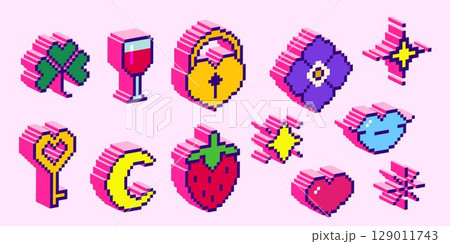 Isometric pixel art icons in 3d style Isometric pixel art icons in 3d style 129011743