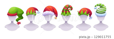 Christmas elf hats collection on mannequin heads 129011755