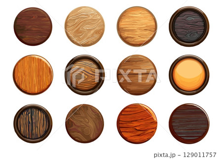 Round game app ui ux buttons. Wooden textures, samples for interior renovation, for floor, roof or walls. Decorative finishing wood vector elements 129011757