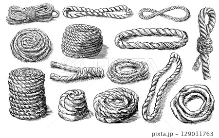 Ropes hand drawn set. Isolated rope rolls, different threads shapes. Sketch decorative nautical elements, ink or pencil drawing vector clipart 129011763