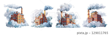 Red bricks industrial buildings. Isolated build with pipe with clouds of smoke. Environmental pollution from production, industry vector architecture objects 129011765
