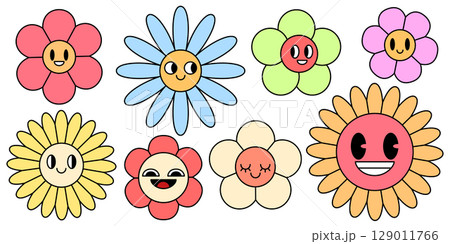 Retro groovy daisy characters with smiling faces Retro groovy daisy characters with smiling faces 129011766
