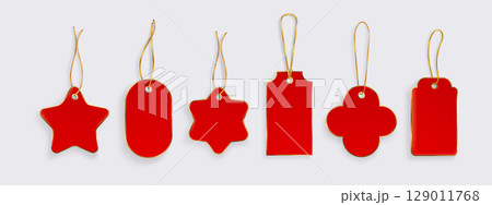 Red gift tags with gold string hanging loops 129011768