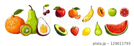 Juicy fruits set. Isolated banana apple pear strawberry avocado. Fruit and berry, exotic vitamin food. Harvest season, raw ingredients vector clipart 129011793
