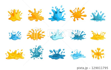 Juicy and water splashes. Isolated blue orange splash, water drops. Beverages elements, cartoon liquid swash. Different drinks vector collection 129011795