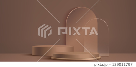 Beige podium display with arch backdrop Beige podium display with arch backdrop 129011797