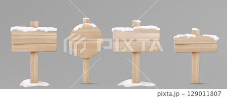 Wood board 3d signs covered with snow caps 129011807