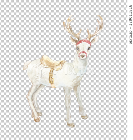 Christmas white Santa Claus reindeer with saddle. Hand drawn watercolor pastel animal illustration isolated on white. New Year clip art in Scandinavian style. 129011816