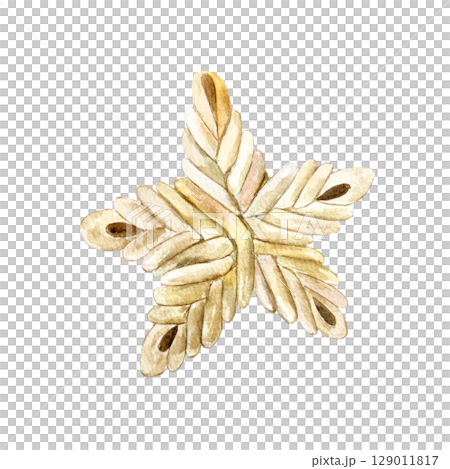 Christmas toy. Wicker star made of rattan used as home decor and for bouquets and candles. Hand drawn watercolor illustration isolated on white. For greeting New Year cards or invitations. 129011817