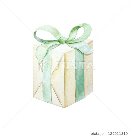 Gift box wrapped in craft paper, tied with a green ribbon. Hand drawn watercolor illustration isolated on white. Pastel Christmas and New Year clip art. Suitable for birthday. 129011819