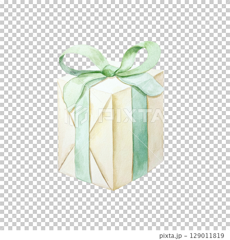 Gift box wrapped in craft paper, tied with a green ribbon. Hand drawn watercolor illustration isolated on white. Pastel Christmas and New Year clip art. Suitable for birthday. Gift box wrapped in craft paper, tied with a green ribbon. Hand drawn watercolor illustration isolated on white. Pastel Christmas and New Year clip art. Suitable for birthday. 129011819