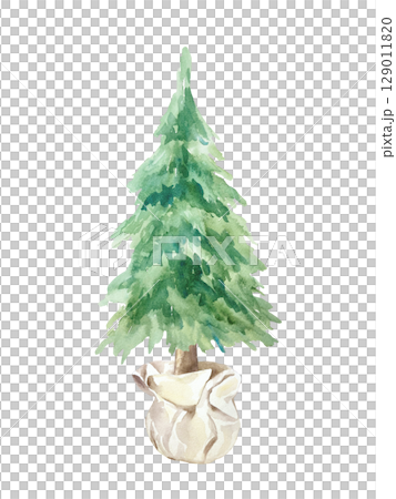 Rustic Christmas tree in a pot wrapped with beige paper watercolor isolated illustration. Hand drawn pastel botanical New Year clip art in Scandinavian style. Rustic Christmas tree in a pot wrapped with beige paper watercolor isolated illustration. Hand drawn pastel botanical New Year clip art in Scandinavian style. 129011820