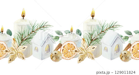 Christmas seamless border with candles, ceramic houses, fir branches, eucalyptus, golden bell, dried orange slices, wicker star watercolor isolated illustration. Hand drawn pastel New Year clip art Christmas seamless border with candles, ceramic houses, fir branches, eucalyptus, golden bell, dried orange slices, wicker star watercolor isolated illustration. Hand drawn pastel New Year clip art 129011824