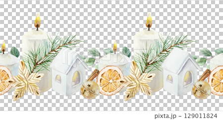 Christmas seamless border with candles, ceramic houses, fir branches, eucalyptus, golden bell, dried orange slices, wicker star watercolor isolated illustration. Hand drawn pastel New Year clip art Christmas seamless border with candles, ceramic houses, fir branches, eucalyptus, golden bell, dried orange slices, wicker star watercolor isolated illustration. Hand drawn pastel New Year clip art 129011824
