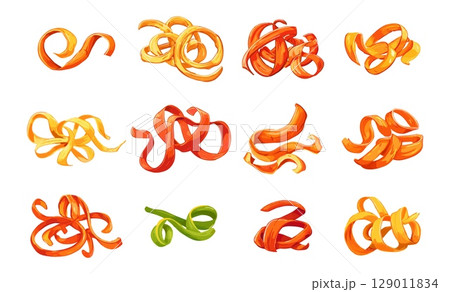 Cartoon vegetables peels. Bright peel of carrot peppers cucumbers potato. Isolated organic trash after cooking. Vibrant vector collection Cartoon vegetables peels. Bright peel of carrot peppers cucumbers potato. Isolated organic trash after cooking. Vibrant vector collection 129011834