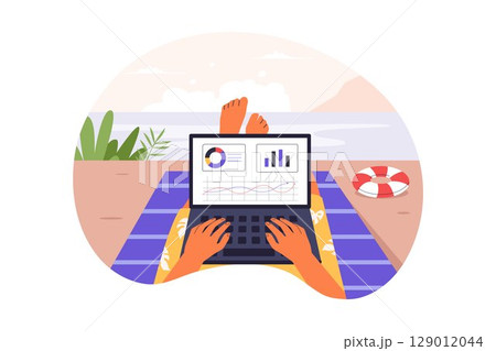Top View of Digital Nomad Working from Beach with Laptop 129012044