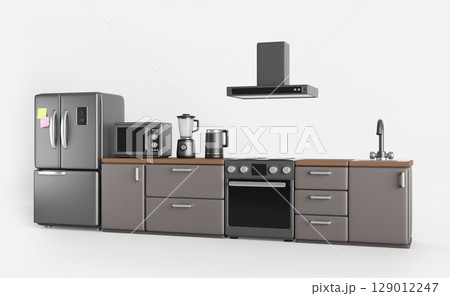 3d home kitchen room interior with smart fridge, gas stove and extractor hood. Isolated modern furniture set with microwave, kettle, blender, sink and faucet on wooden tabletop render. 3D illustration 3d home kitchen room interior with smart fridge, gas stove and extractor hood. Isolated modern furniture set with microwave, kettle, blender, sink and faucet on wooden tabletop render. 3D illustration 129012247