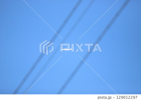 電線の間を飛行する飛行機 電線の間を飛行する飛行機 129012297