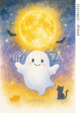 満月とおばけのハロウィンイラスト／水彩風の夜空とかわいいゴースト 129012311