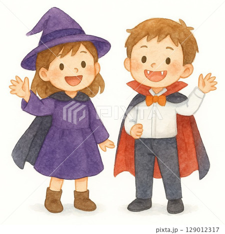 水彩風のハロウィン仮装をした子どもたち(魔女とドラキュラ) 水彩風のハロウィン仮装をした子どもたち(魔女とドラキュラ) 129012317