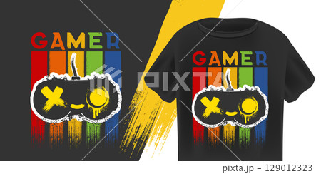 Gamer T-Shirt Design Vector Stylized Gaming gamepad Controller with Grunge Texture on Black Background. Gaming retro t shirt design . Games lover poster sticker banner design template. 129012323