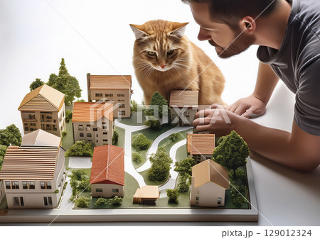 猫と住宅の模型を見る男性 猫と住宅の模型を見る男性 129012324