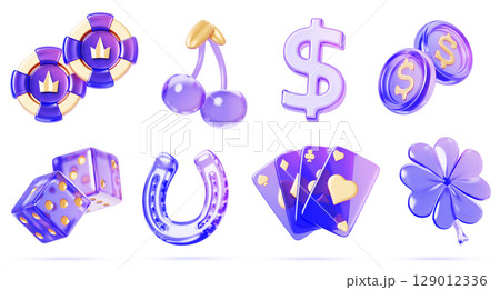 3d glass hologram casino slot machine icon. Purple gold game ui element set. Neon chip, play card, dice, clover, cherry, horseshoe, coin, dollar sign. Gambling render interface asset. 3D illustration 3d glass hologram casino slot machine icon. Purple gold game ui element set. Neon chip, play card, dice, clover, cherry, horseshoe, coin, dollar sign. Gambling render interface asset. 3D illustration 129012336