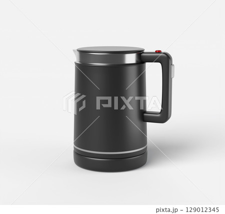 Kitchen electric kettle 3d render icon. Fast boiling water heater for coffee or tea. Modern home appliance, black silver teapot speed boil with handle and button isolated on white bg. 3D illustration Kitchen electric kettle 3d render icon. Fast boiling water heater for coffee or tea. Modern home appliance, black silver teapot speed boil with handle and button isolated on white bg. 3D illustration 129012345
