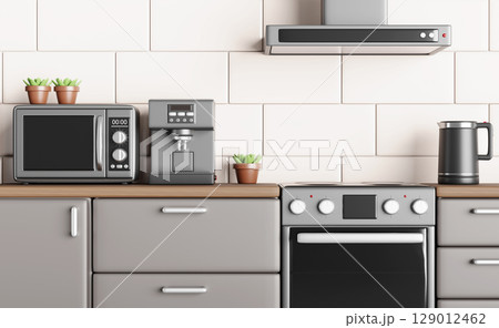 Kitchen wooden table top with coffee machine, electric kettle, microwave oven and plants 3d render. Modern room interior with grey cabinets, gas stove, cooker hood on white tile wall. 3D illustration 129012462
