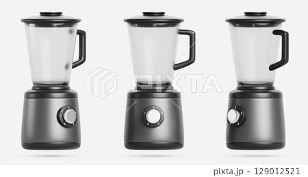 3d electric blender in different angles. Mixer, crush ice for smoothie, juice and shakes. Kitchen appliance, juicer with glass jar for fresh fruit drink, isolated render icon set. 3D illustration 3d electric blender in different angles. Mixer, crush ice for smoothie, juice and shakes. Kitchen appliance, juicer with glass jar for fresh fruit drink, isolated render icon set. 3D illustration 129012521