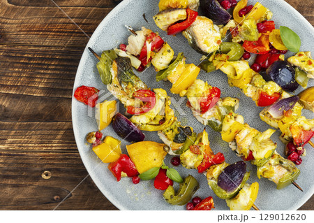 BBQ Fish Skewers with Vegetables. BBQ Fish Skewers with Vegetables. 129012620