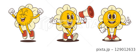 Cheerful Cartoon Flower Mascots Jumping Megaphone Waving And Pointing Wearing Sneakers Vector Illustration Cheerful Cartoon Flower Mascots Jumping Megaphone Waving And Pointing Wearing Sneakers Vector Illustration 129012633