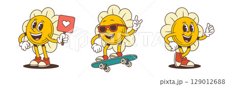 Cool Cartoon Flower Mascots With Skateboard Peace Sign And Heart Poster Vector Illustration Cool Cartoon Flower Mascots With Skateboard Peace Sign And Heart Poster Vector Illustration 129012688