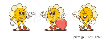 Smiling Cartoon Flower Characters Holding Heart And Dancing With Joy Vector Illustration 129012690