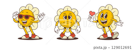 Cartoon Flower Mascots With Heart Gesture Peace Pose And Thoughtful Mood Vector Illustration 129012691